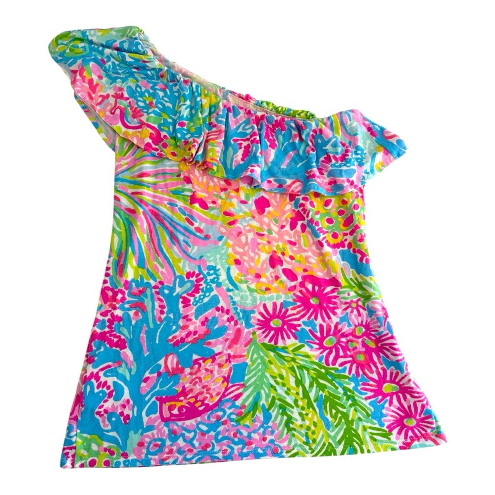 Lilly Pulitzer Neveah Vibrant Pink Blue Green Floral One Shoulder Top XXSmall - Picture 3 of 8